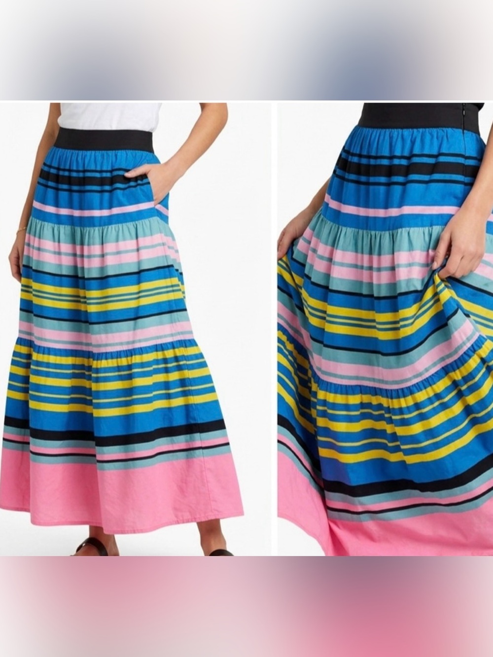 On 34th Macys Bright Striped Maxi Skirt - Pink Black & Blue Retro Bold Stripe
